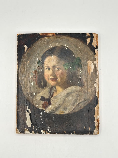 Walther Firle oil portrait of a young girl on board, full view with aged surface and paint loss