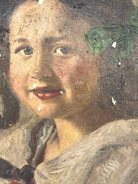 Close-up of the young girl's face in the Firle portrait, rosy cheeks and dark hair with a green accent