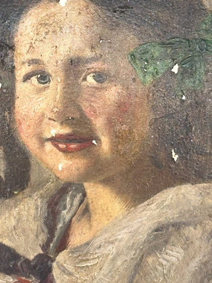 Close-up of the young girl's face in the Firle portrait, rosy cheeks and dark hair with a green accent