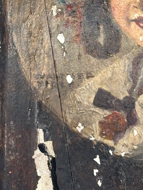 Lower detail of the Firle portrait showing the girl's bodice, ribbon and areas of paint loss