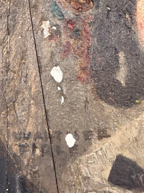 Detail of the Walther Firle painted signature on the board, partly obscured by paint loss