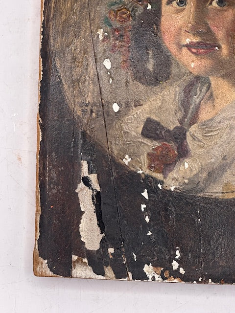 Lower corner detail of the Firle portrait board showing edge wear and flaking paint