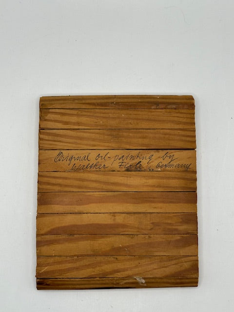 Reverse of the Firle painting board with handwritten inscription crediting Walther Firle, Germany