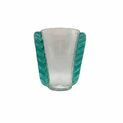MCM Blenko hand-blown tall vase in clear aqua crackle glass with applied teal rope trim, front view