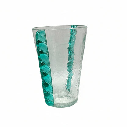 MCM Blenko aqua crackle vase, angled view showing crackled surface and twisted teal applied bands