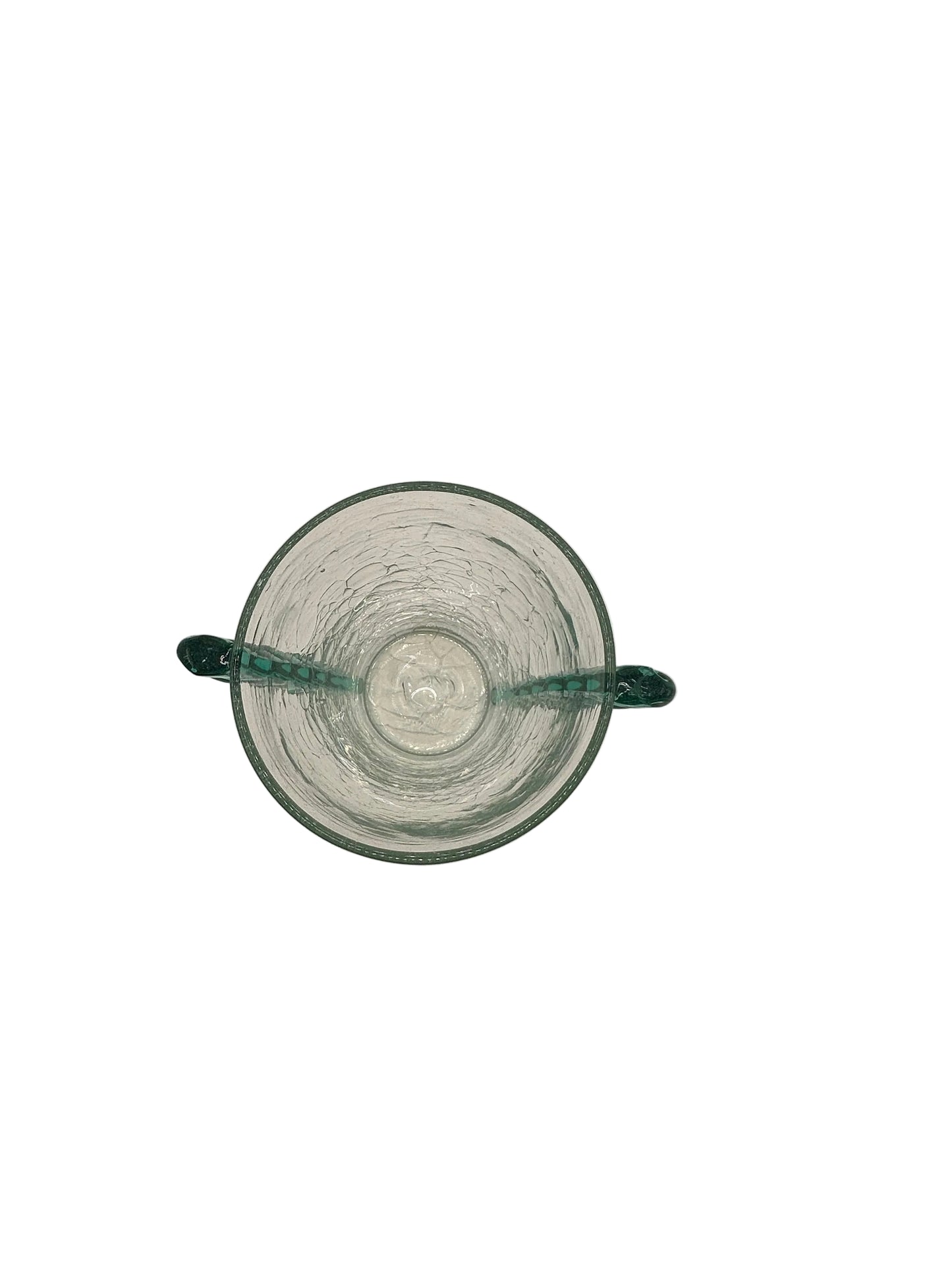 Overhead view of the MCM Blenko vase mouth showing crackle interior and teal applied trim