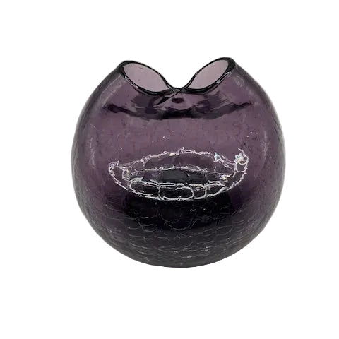 Top-down view into the amethyst Blenko vase showing pinched rim and crackled interior