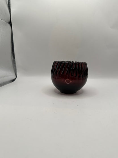 MCM Blenko amethyst crimped small bowl, side profile with ribbed body and ruffled rim