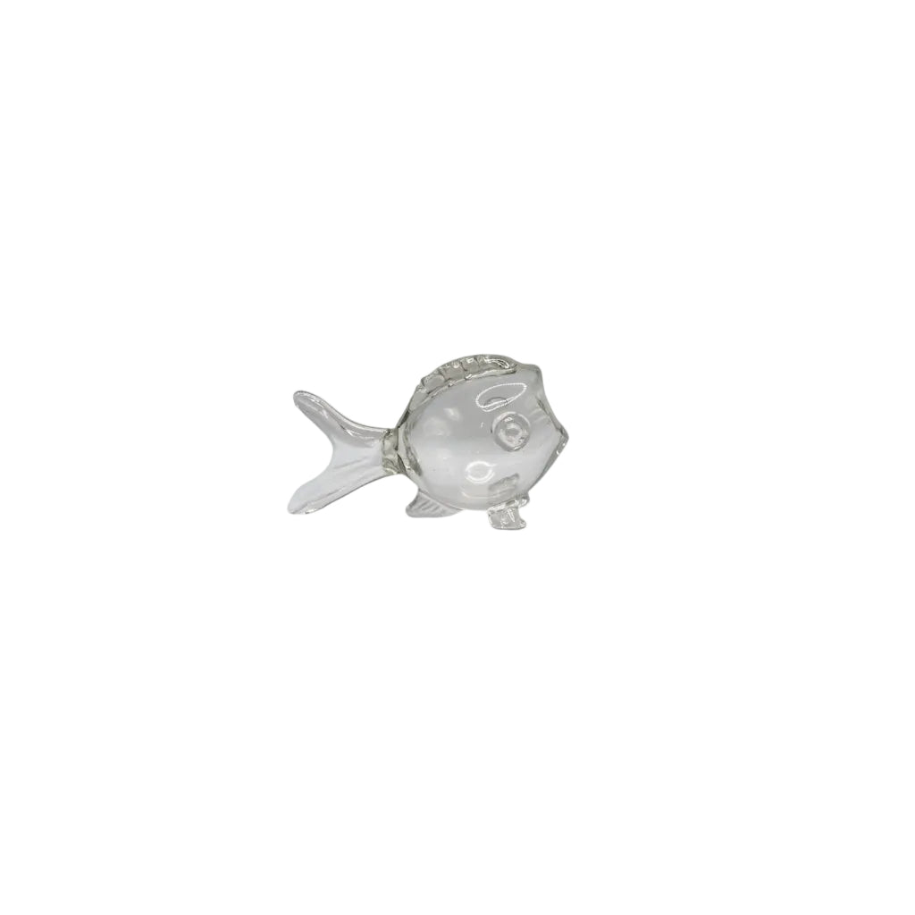 MCM Blenko hand-blown clear glass fish vase, side view with fanned tail and applied dorsal scales