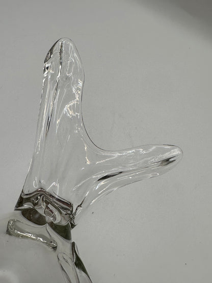Close-up of the Blenko glass fish vase tail, clear hand-blown glass with flowing form