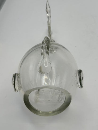 Underside view of the Blenko glass fish vase showing the round opening and applied glass fins