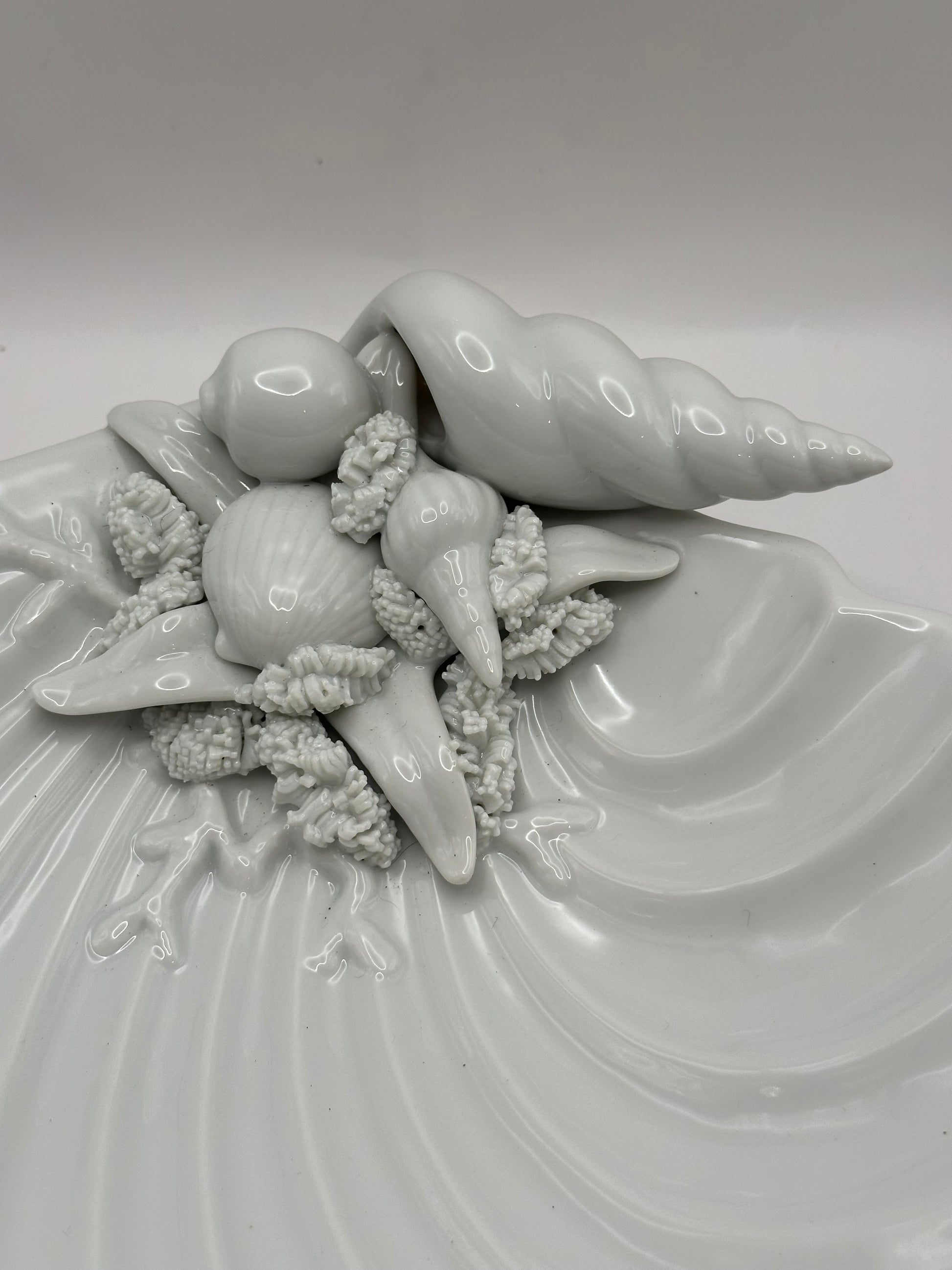 Close-up of the molded seashells, conch and starfish detail on the white porcelain shell dish