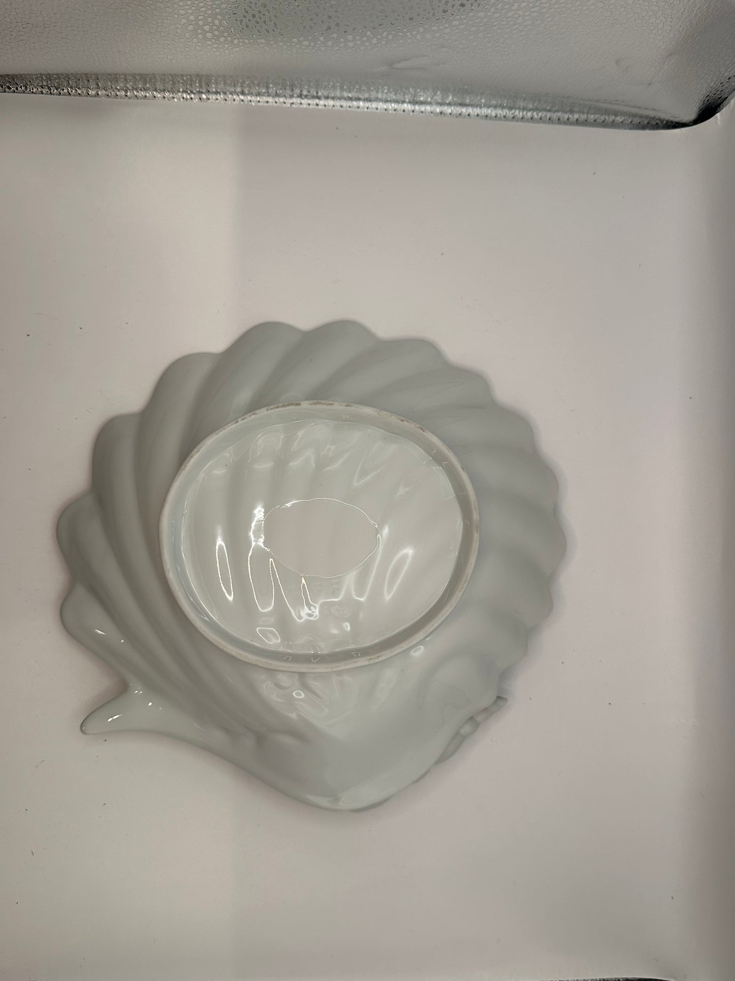 White porcelain fluted shell dish with molded conch shell handle, angled view