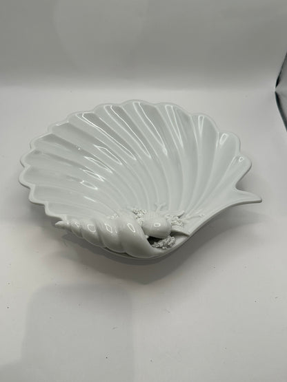 White porcelain shell dish, top view showing fluted scallop bowl and shell cluster
