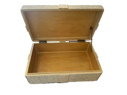 Pencil-reed box open, showing the wood-lined interior and brass hinges