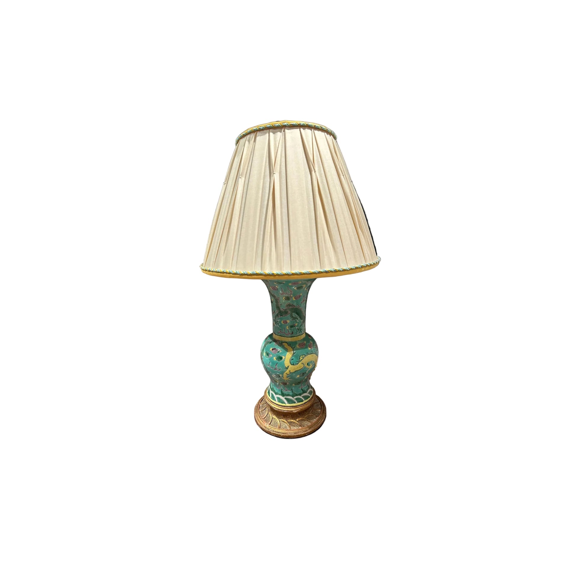 Antique Chinese turquoise porcelain baluster lamp with dragon motif, carved giltwood base and cream pleated shade
