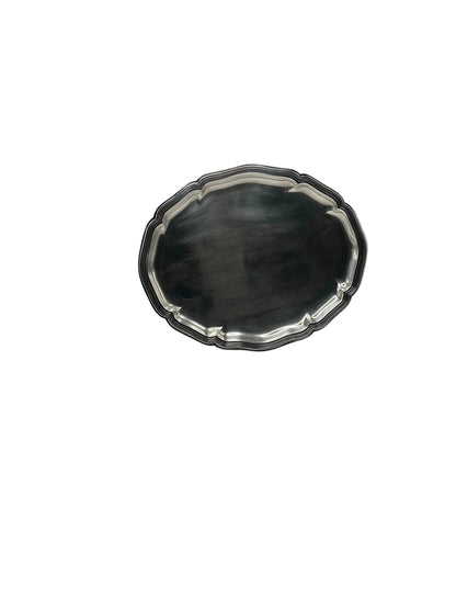 Oval silver-plate tray shown at an angle with darker reflection on its surface