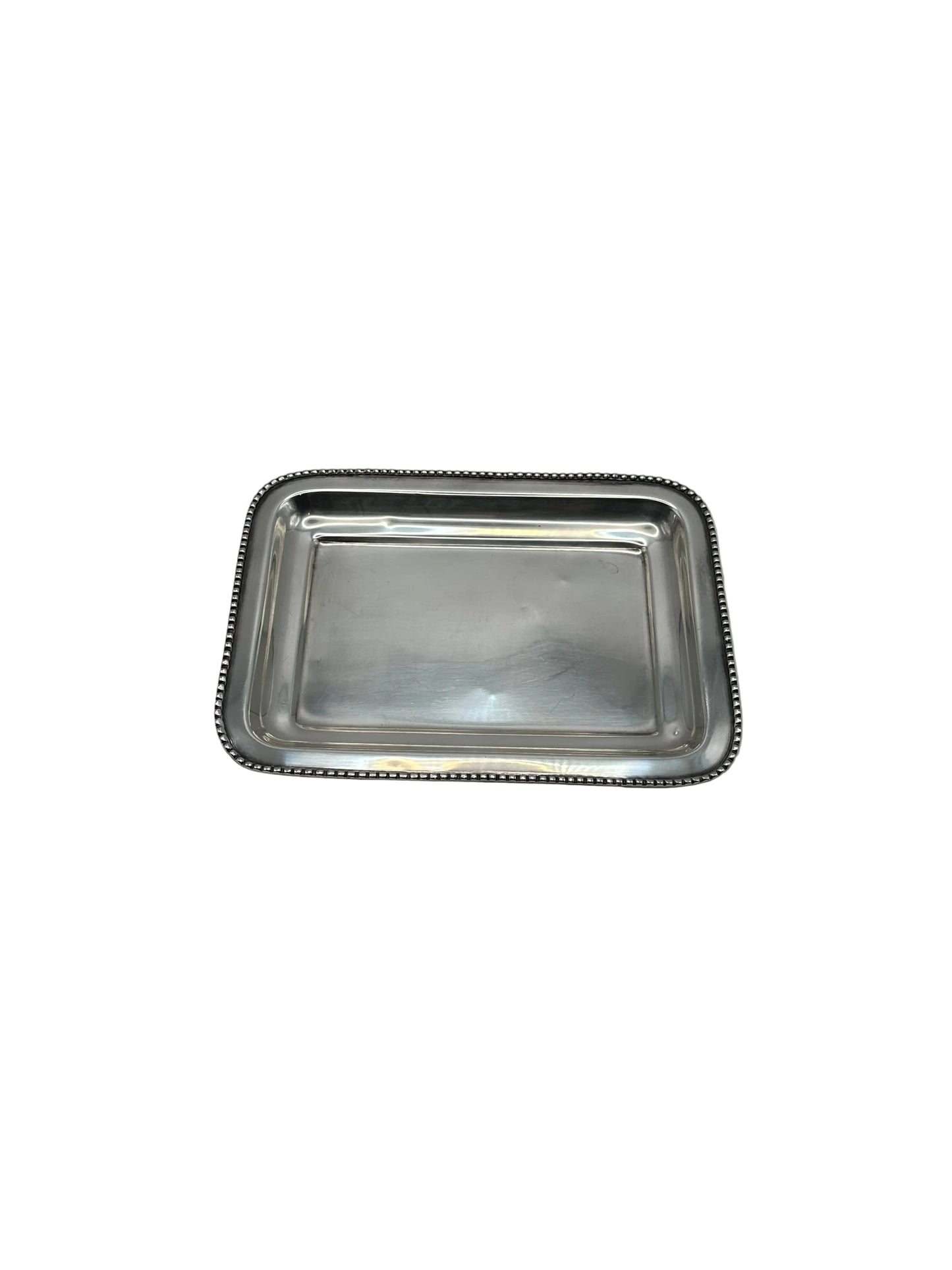 Top view of the small rectangular silver-plate tray with a beaded edge