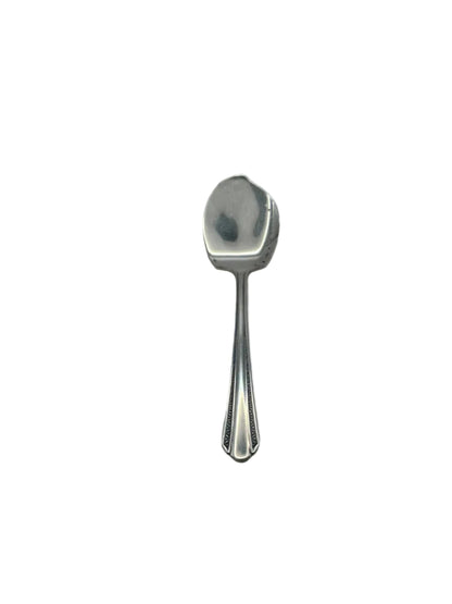 Silver-plate aspic or pâté serving spoon with a wide flat bowl and beaded Deco handle, front view
