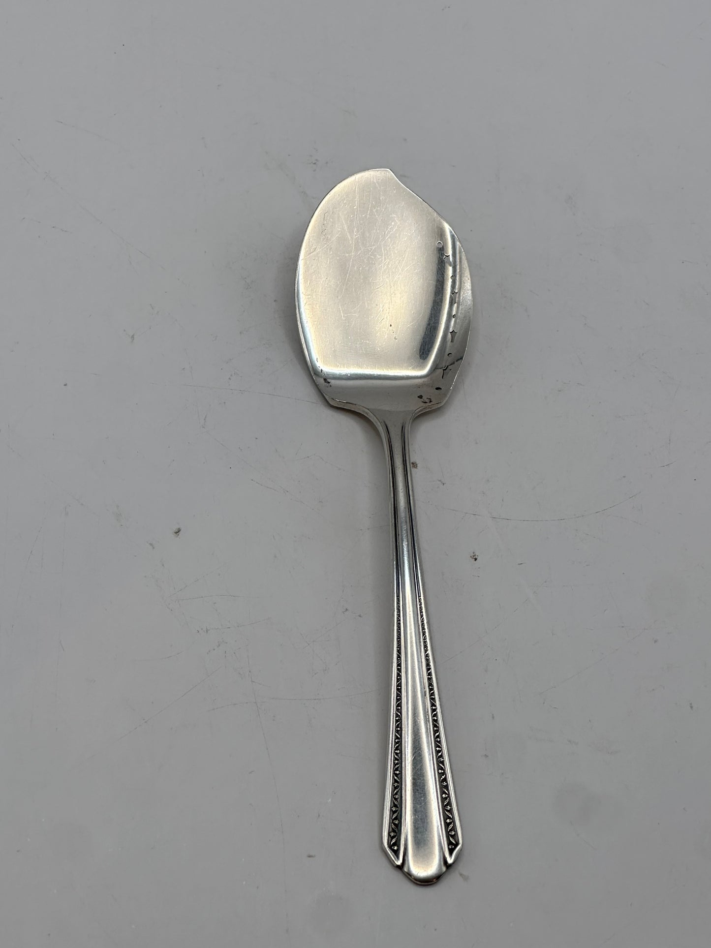 Angled view of the aspic spoon's wide flat serving bowl