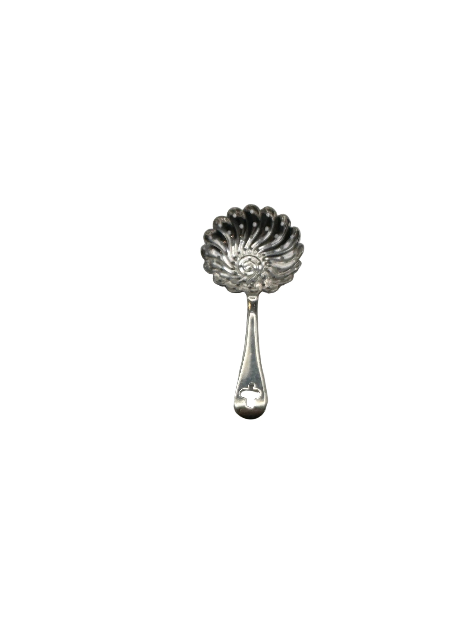 Silver-plate tea or julep strainer with a fluted perforated bowl and pierced handle, front view