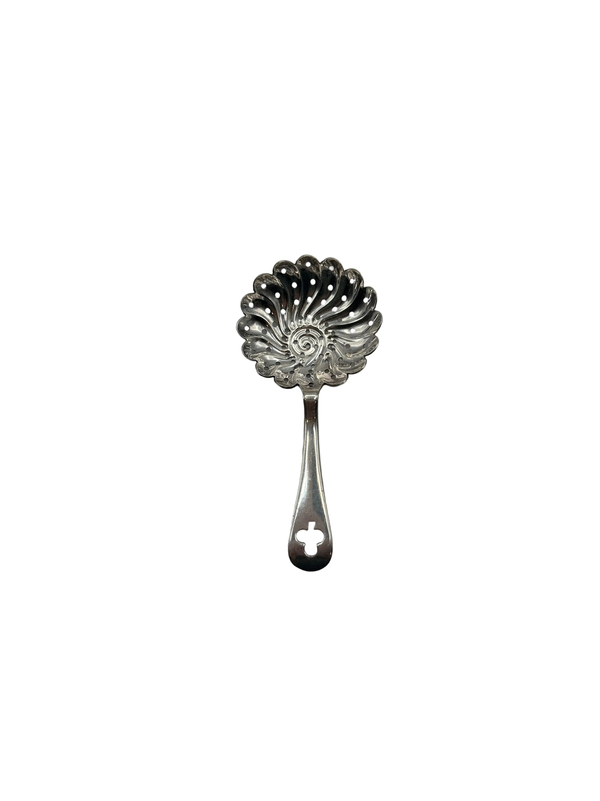 Silver-plate tea strainer with a swirled shell-shaped perforated bowl and quatrefoil-pierced handle