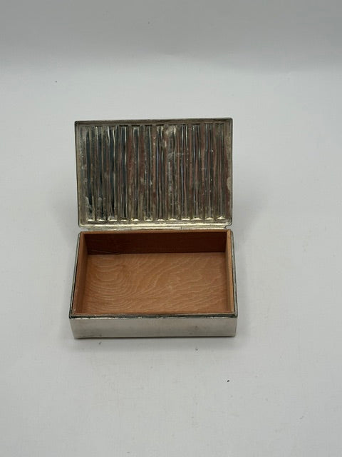 MCM silver plate box open, showing hinged ribbed lid and wood-lined interior