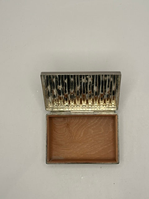 Open MCM silver plate box from above, ribbed lid raised and empty wood-lined base
