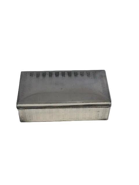 Rectangular silver-plate cigarette box with an engine-turned lid, top view