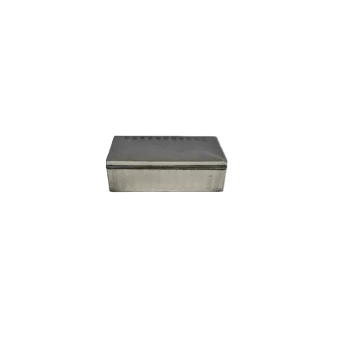 Front view of the closed silver-plate cigarette box