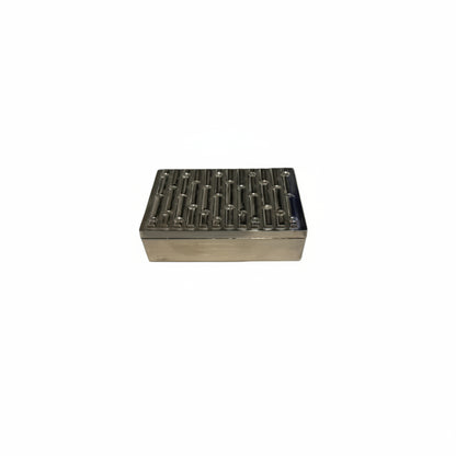 MCM silver plate trinket box, lid embossed with raised bamboo stalk motif, front view