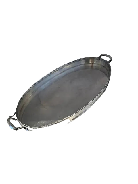 Oval silver-plate gallery tray with twin loop handles, angled view