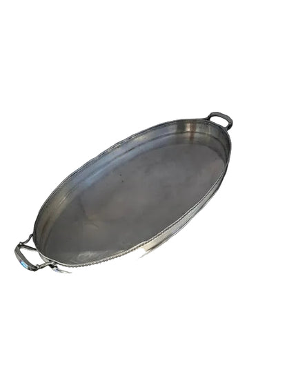 Oval silver-plate gallery tray with twin loop handles, angled view