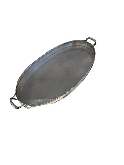 Oval silver-plate tray with end handles shown from above at an angle