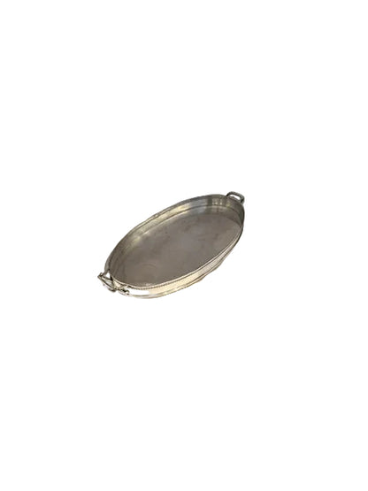 Oval silver-plate gallery tray with twin handles, angled view