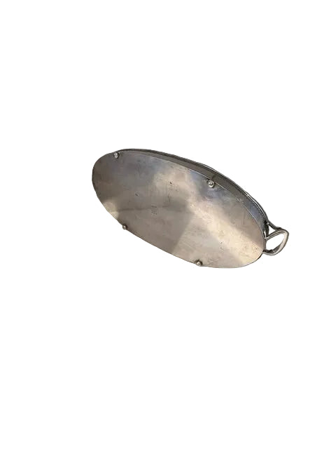 Underside angle of the oval silver-plate tray showing a loop handle