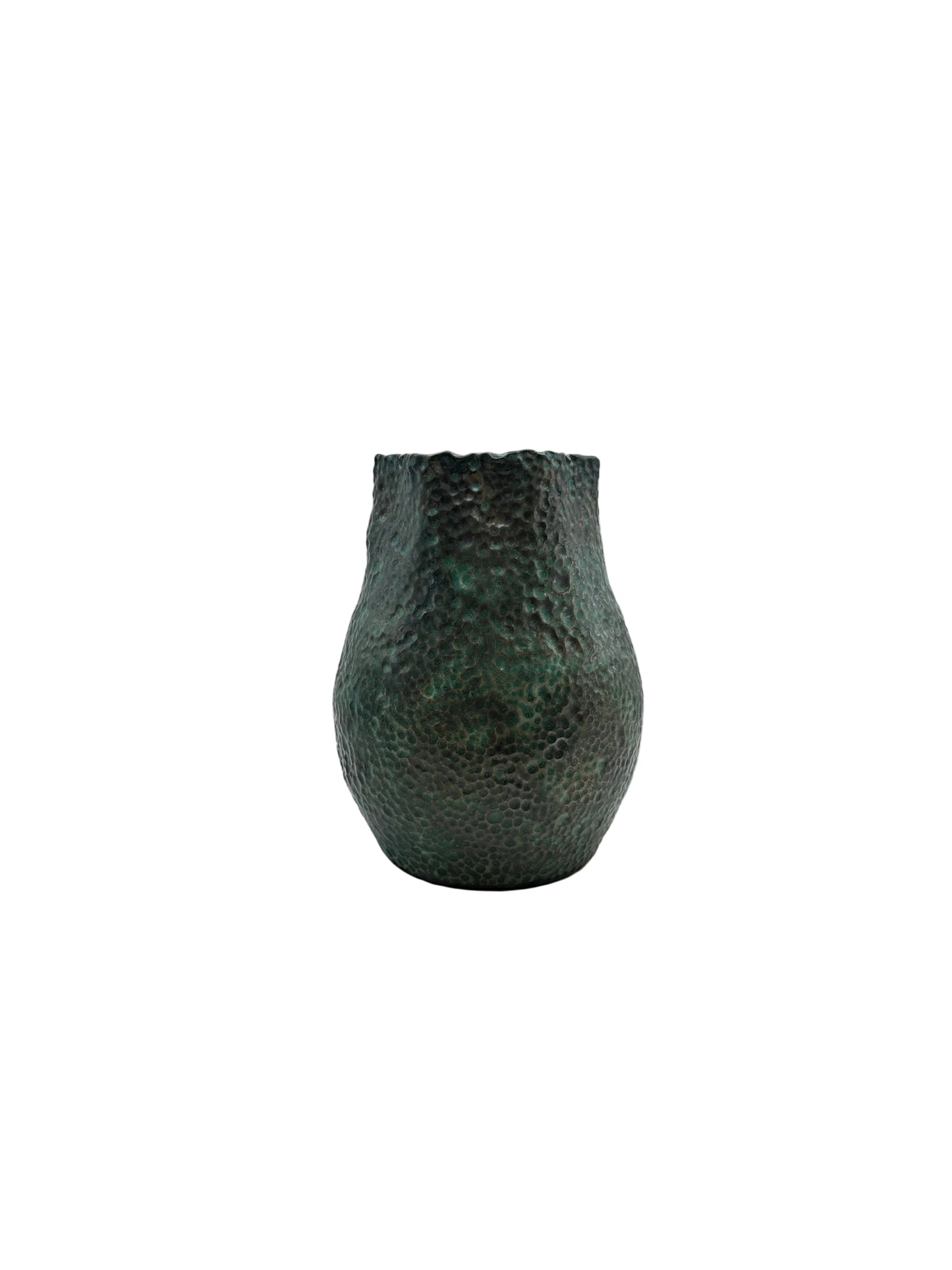 Tall green stoneware vessel with dimpled texture and a rippled rim, front view on white
