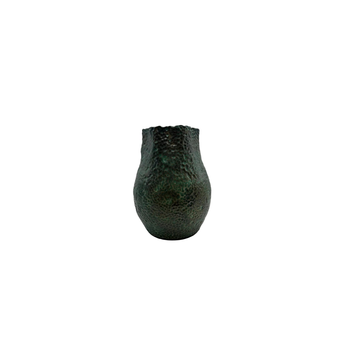 Front view of the tall dimpled green stoneware vessel