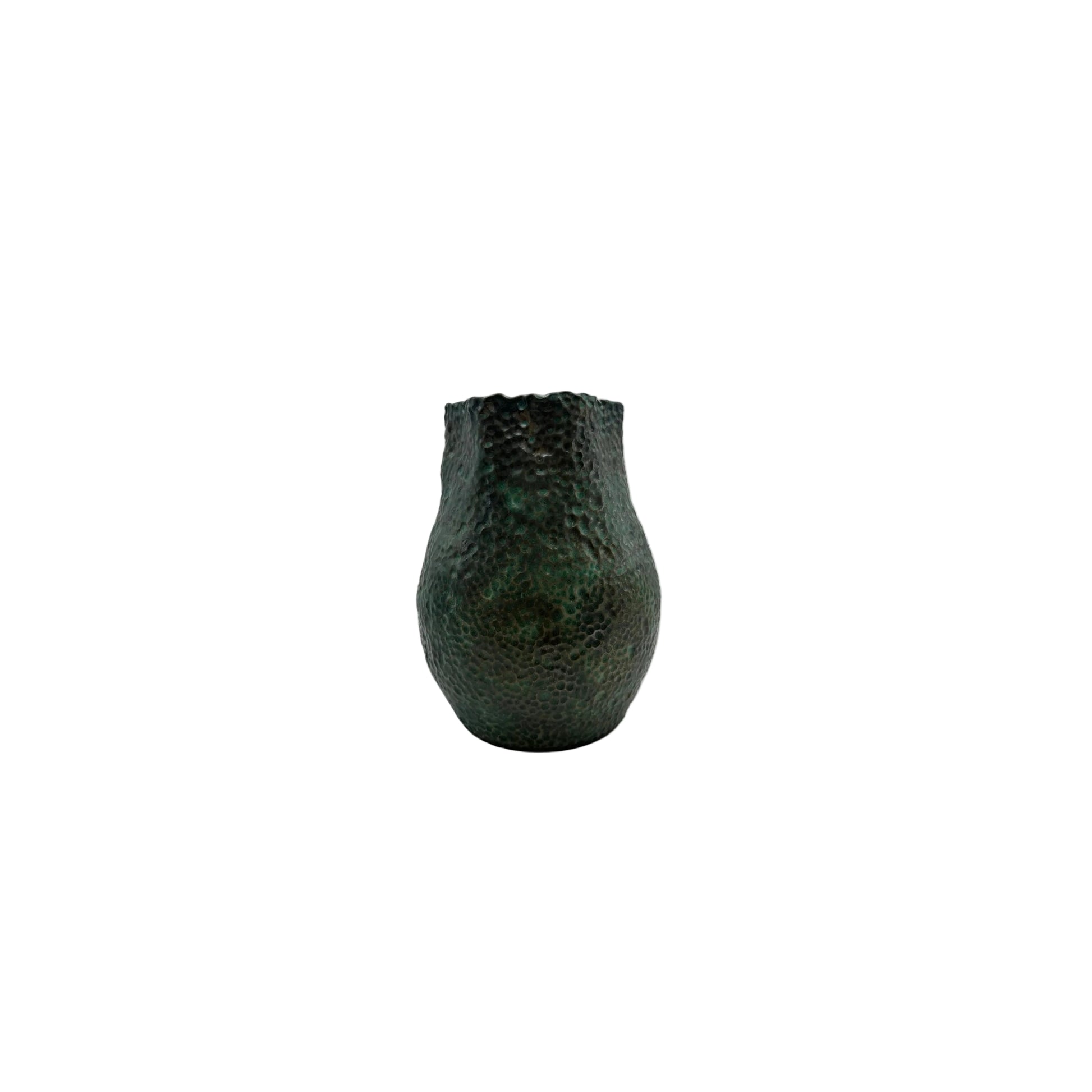 Front view of the tall dimpled green stoneware vessel