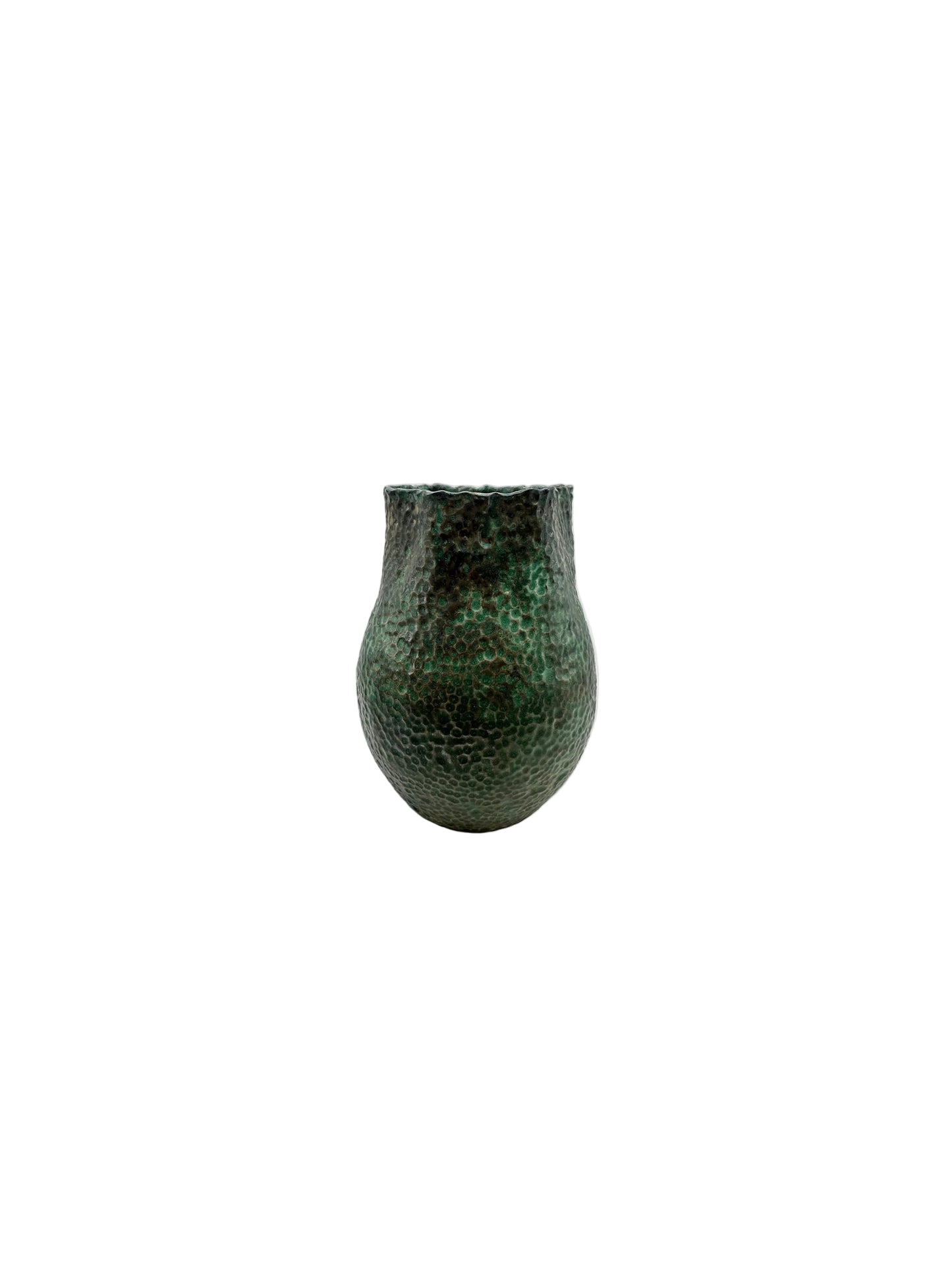 Tall green stoneware vessel showing mottled verdigris glaze and a ruffled rim