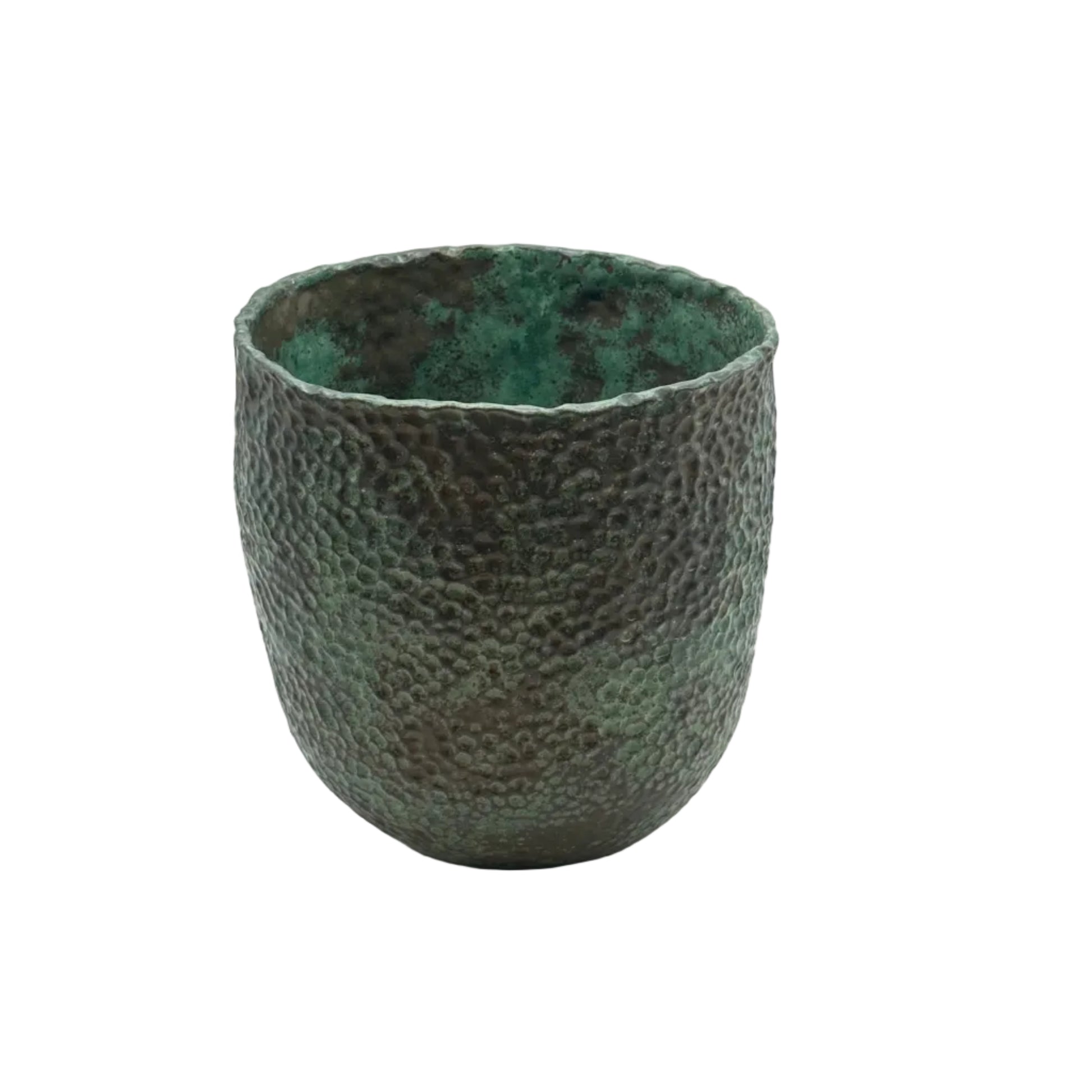 Wide-mouth green stoneware vessel with hammered texture, angled view