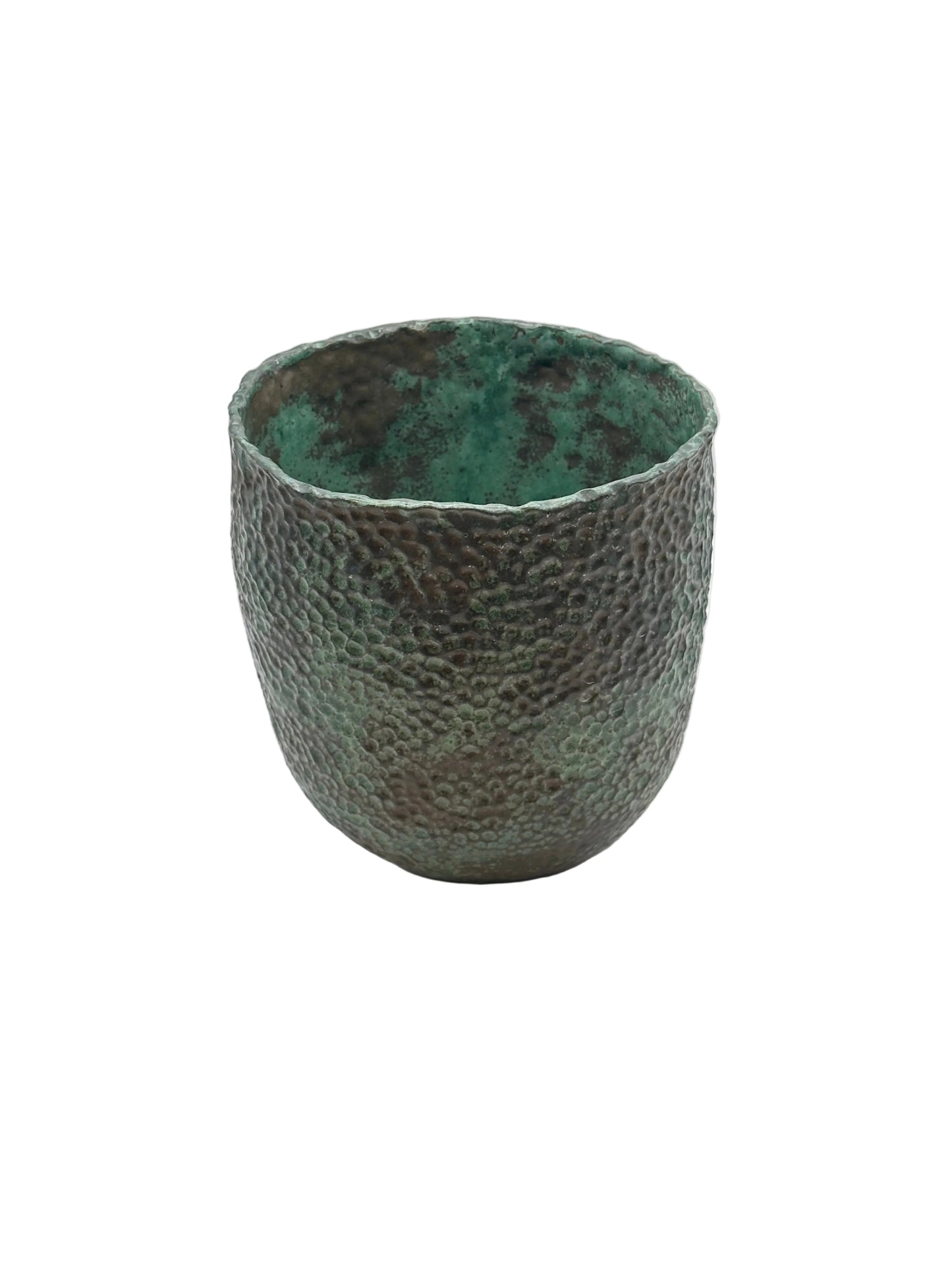 Wide-mouth green stoneware vessel with dimpled exterior and bright green glazed interior, front view