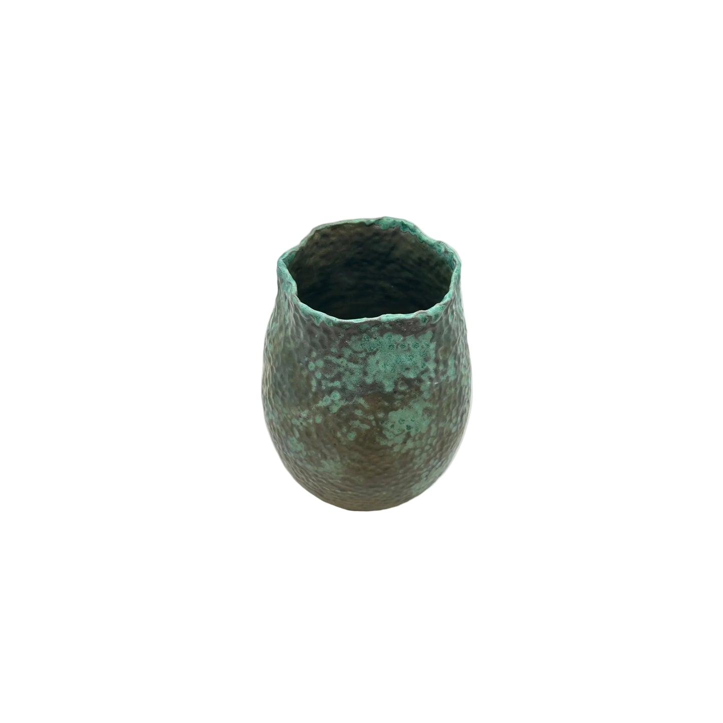 Medium rounded green stoneware vessel with dimpled texture and a rippled rim, front view