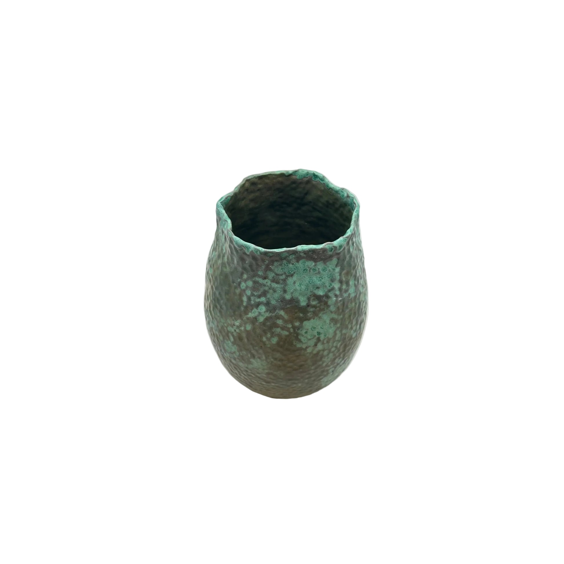 Medium rounded green stoneware vessel with dimpled texture and a rippled rim, front view