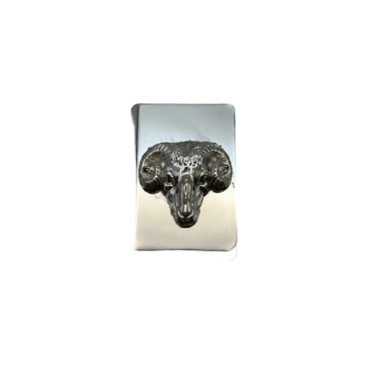 Silver-plate matchbox cover with embossed ram's head in relief, front view