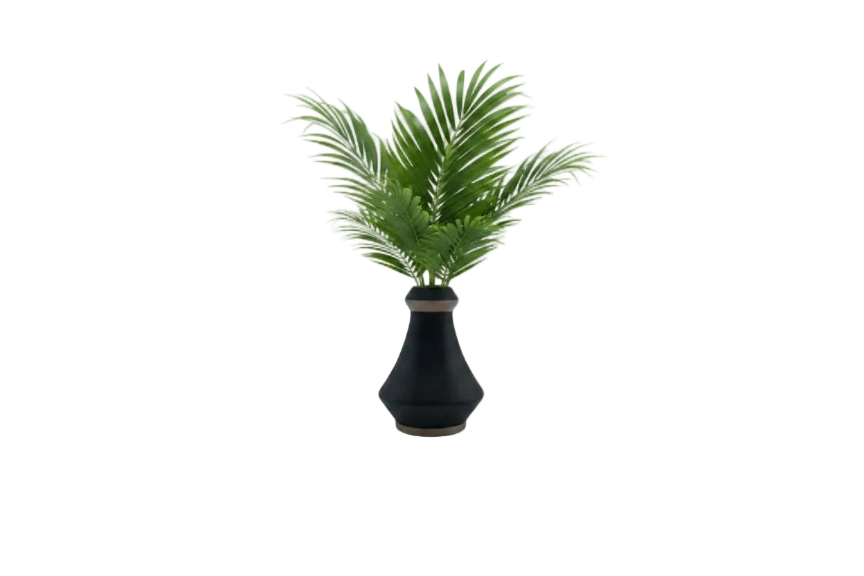 Studio-made black stoneware vase styled with green areca palm fronds.