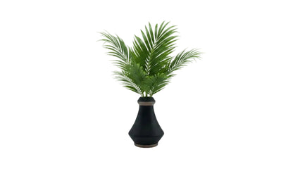 Studio-made black stoneware vase styled with green areca palm fronds.