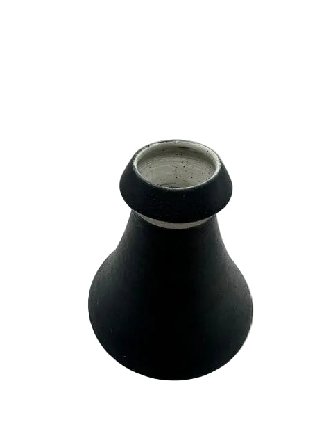 Studio-made black stoneware vase, raised angle showing pale unglazed interior rim.