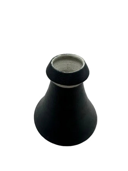 Studio-made black stoneware vase, raised angle showing pale unglazed interior rim.