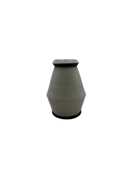 Studio-made white-grey stoneware vessel, side view with dark foot.